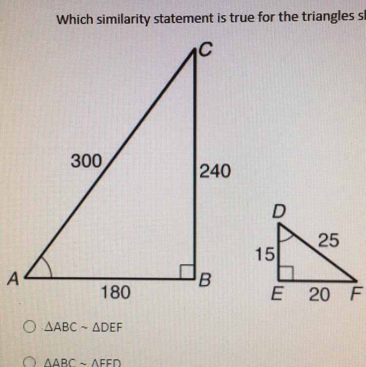 Which similarity statement is true for the triangles shown? - ABC = DEF - ABC = FED-example-1