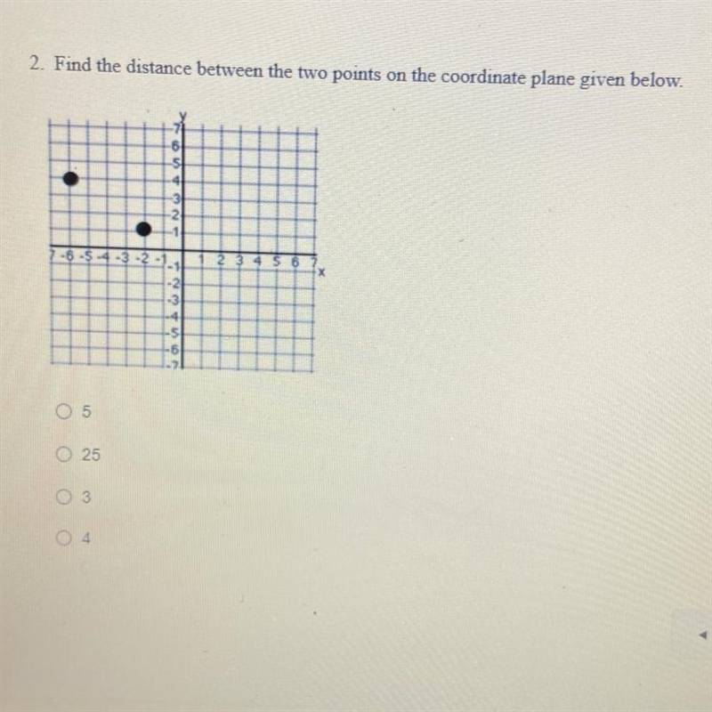 2. Find the distance between the two points on the coordinate plane given below.-example-1