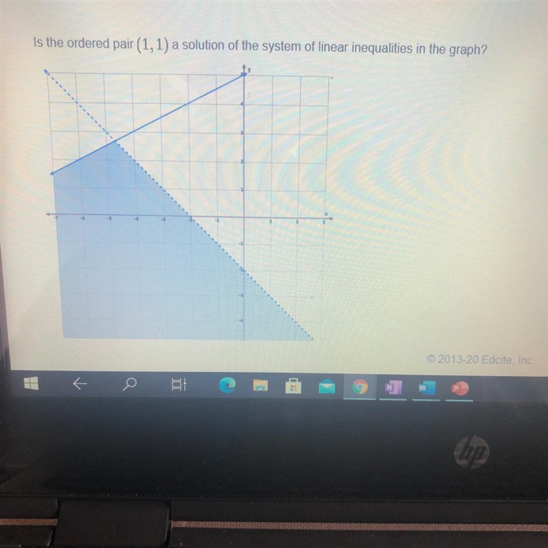 Is the ordered pair (1,1) a solution of the system of linear inequalities in the graph-example-1