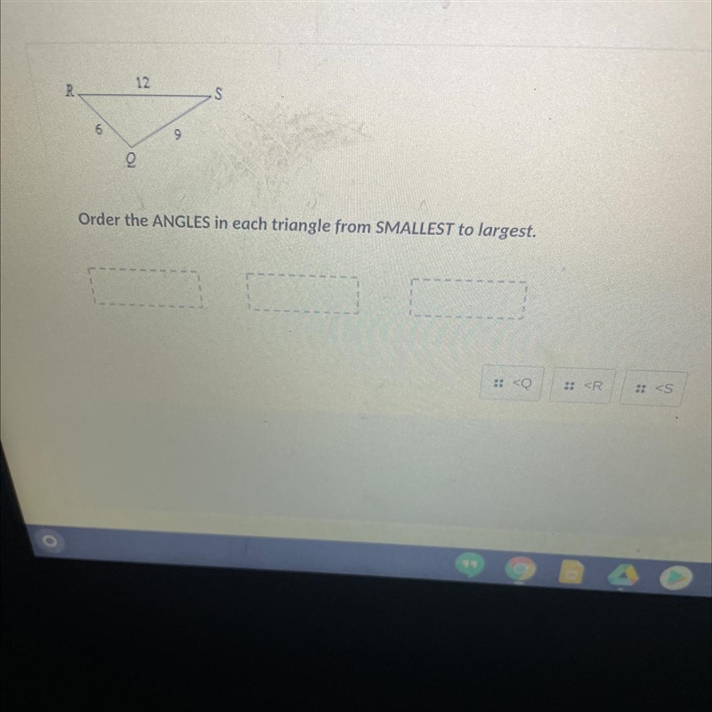 Order the ANGLES in each triangle from SMALLEST to largest.-example-1