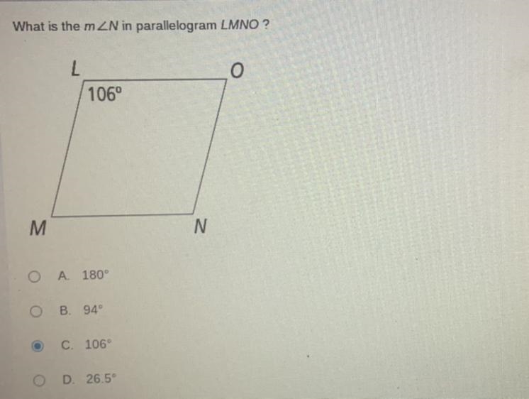 GEOMETRY HW! What is the m< N in parallelogram LMNO?-example-1