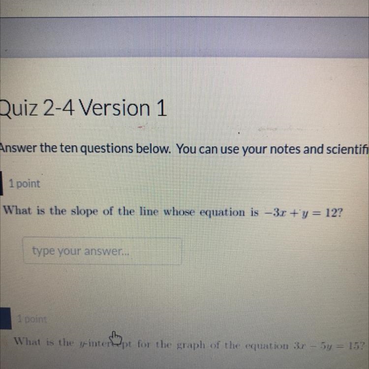 What is the slope of the line whose equation is -3x+y=12-example-1