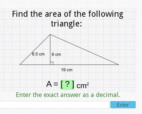 PLEASE HELP!! Find the area of the following triangle enter the exact answer as a-example-1