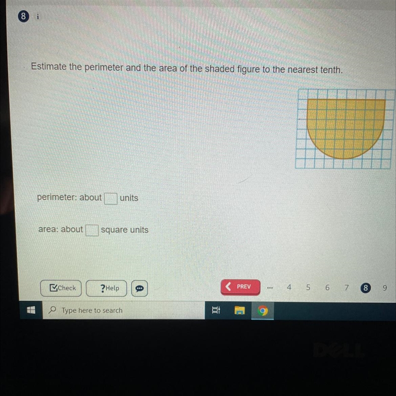 Estimate the perimeter and the area of the shaded figure to the nearest tenth.-example-1