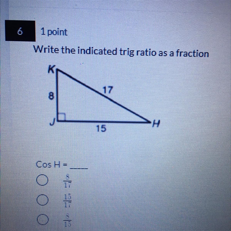 Write the indicated trig ratio as a fraction Cos H =-example-1