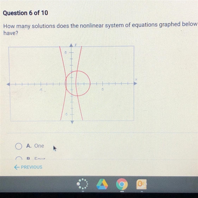 How many solutions does the nonlinear system of equations graphed below have a. one-example-1