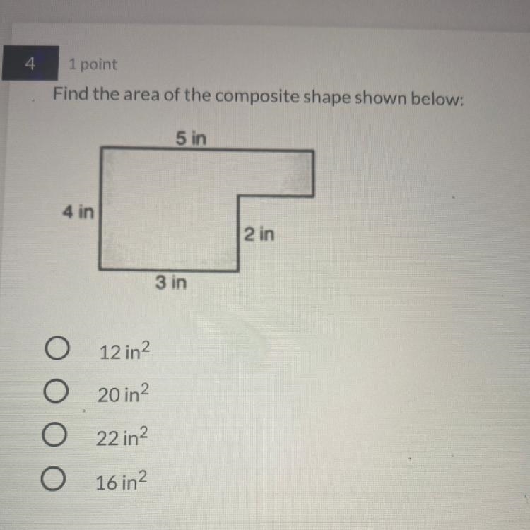 Find the area of the composite shape shown below: 5 in 4 in 2 in 3 in 12 in2 20 in-example-1