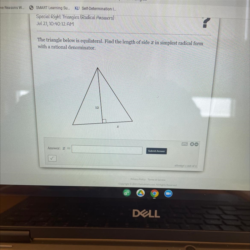 The triangle below is equilateral. Find the length of side x in simplest radical form-example-1