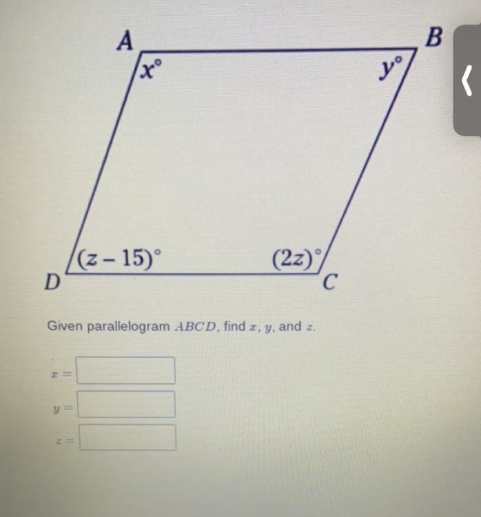 Given parallelogram ABCD, find x, y, and z.-example-1