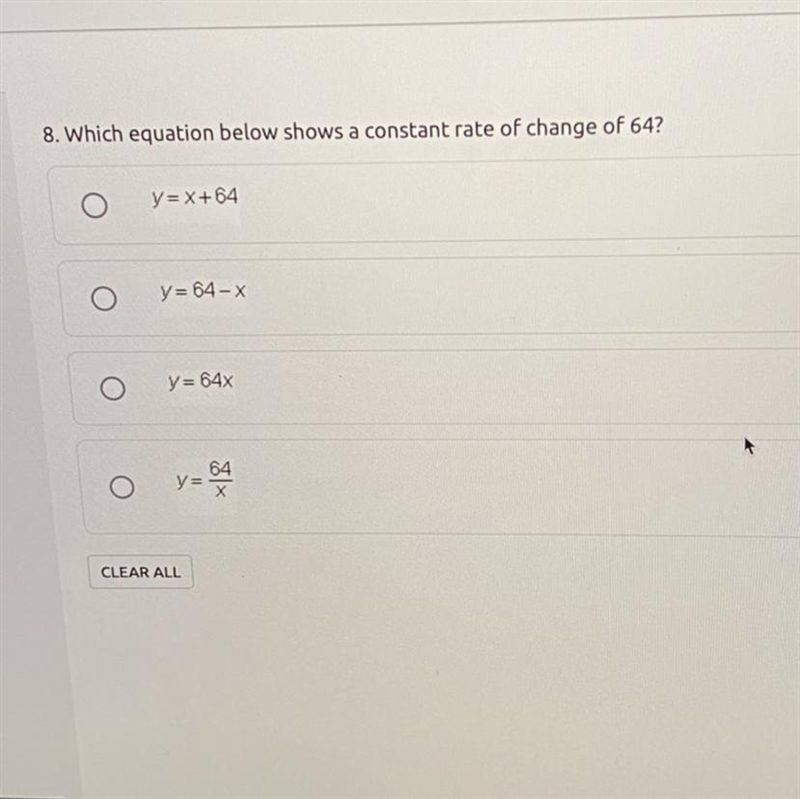 Which equation below shows a constant rate of change of 64?-example-1