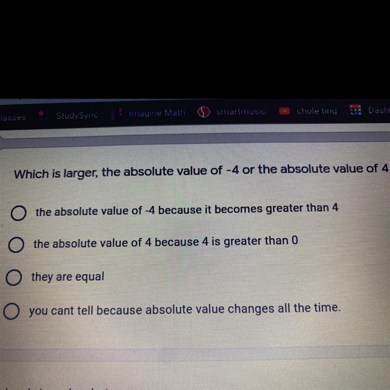 Which is larger, the absolute value of -4 or the absolute value of 4*-example-1