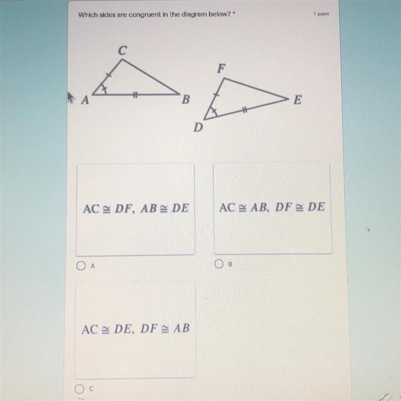 Which sides are congruent in the diagram below?-example-1