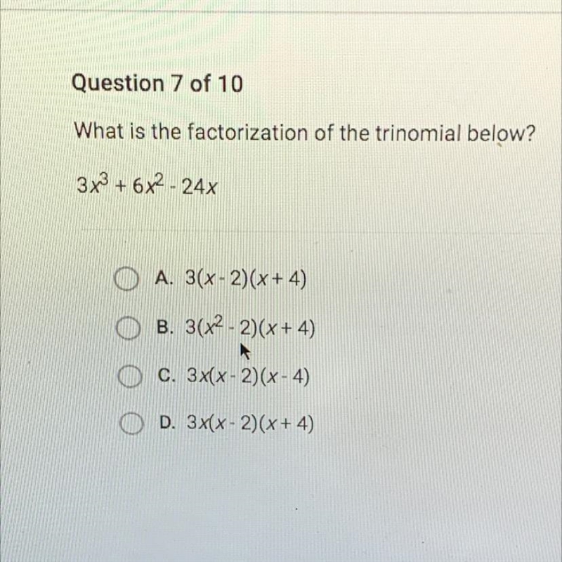 What is the factorization of the trinomial below? 3x^3 + 6x^2- 24x-example-1