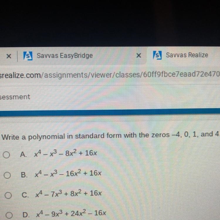 Write a polynomial in standard form with the zeros –4 0 1 and 4-example-1