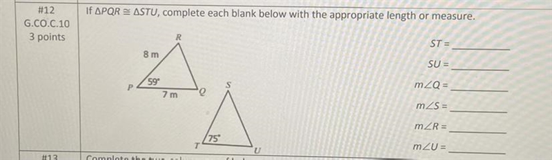 If APQR = ASTU, complete each blank below with the appropriate length or measure.-example-1