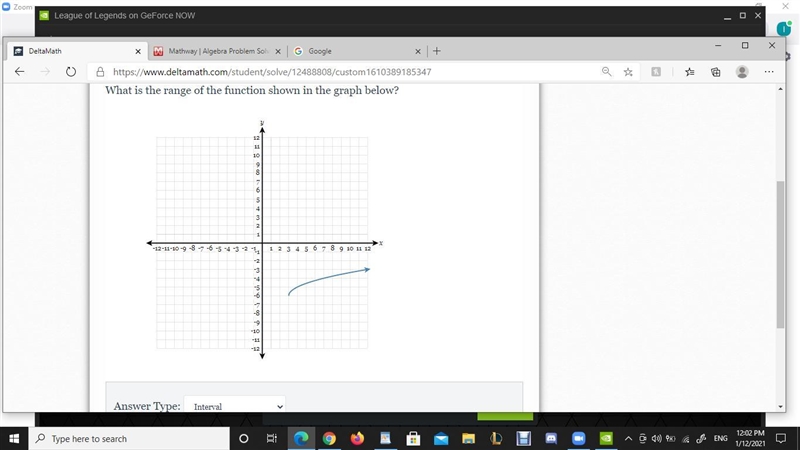 What is the range of the function shown in the graph below? Find the answer type and-example-1