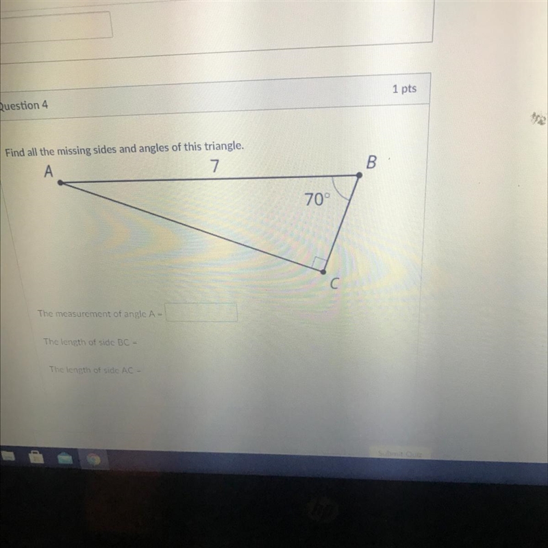 Find all the missing sides and angles of this triangle, А 7 B 70° The measurement-example-1