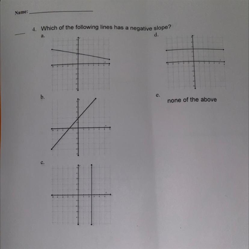 4. Which of the following lines has a negative slope? a. b. c. d. e. none of the above-example-1