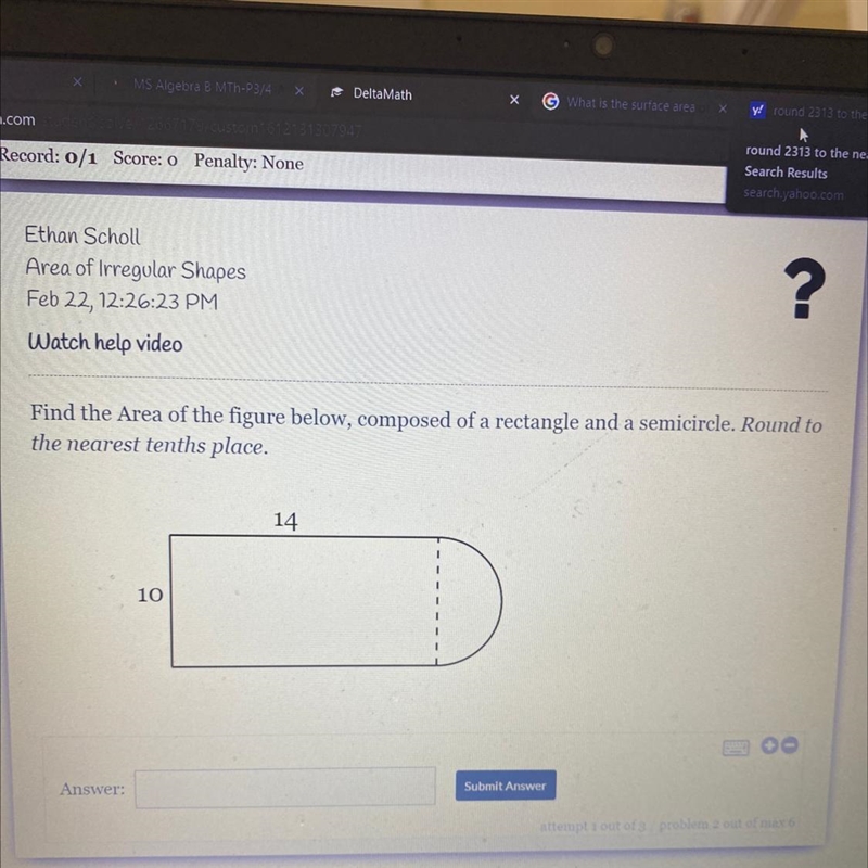 find the area of the figure below, composed of a rectangle and semicircle. Round it-example-1