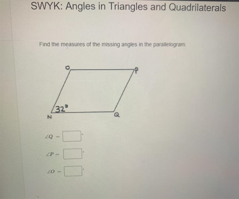 Find the measures of the missing angles in the parallelogram.-example-1