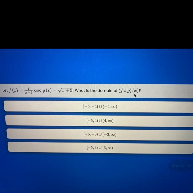 Let f (x) = 1/ x-3and g(x) = x+5. What is the domain of (fºg)(x)?-example-1