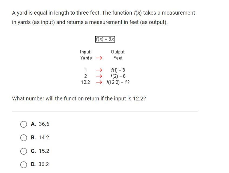 A yard is equal in length to three feet. The function f(x) takes a measurement in-example-1