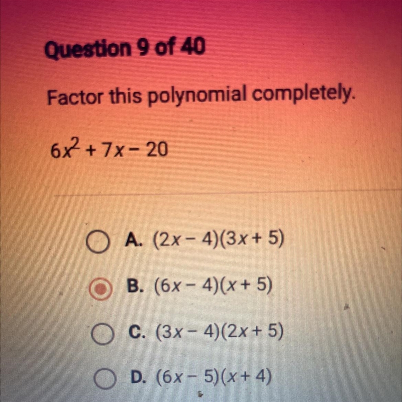 Factor this polynomial completely. 6x2 + 7x - 20-example-1