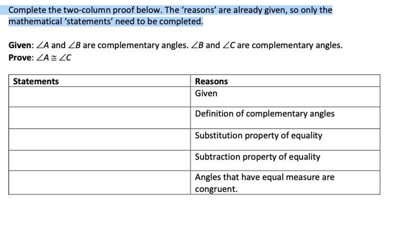 Y'ALL PLEASE HELP ME!!!!!!!!!!!!!!!!!!!!!! Complete the two-column proof below. The-example-1