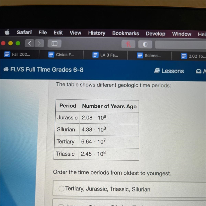 Order the time periods from oldest to youngest.-example-1