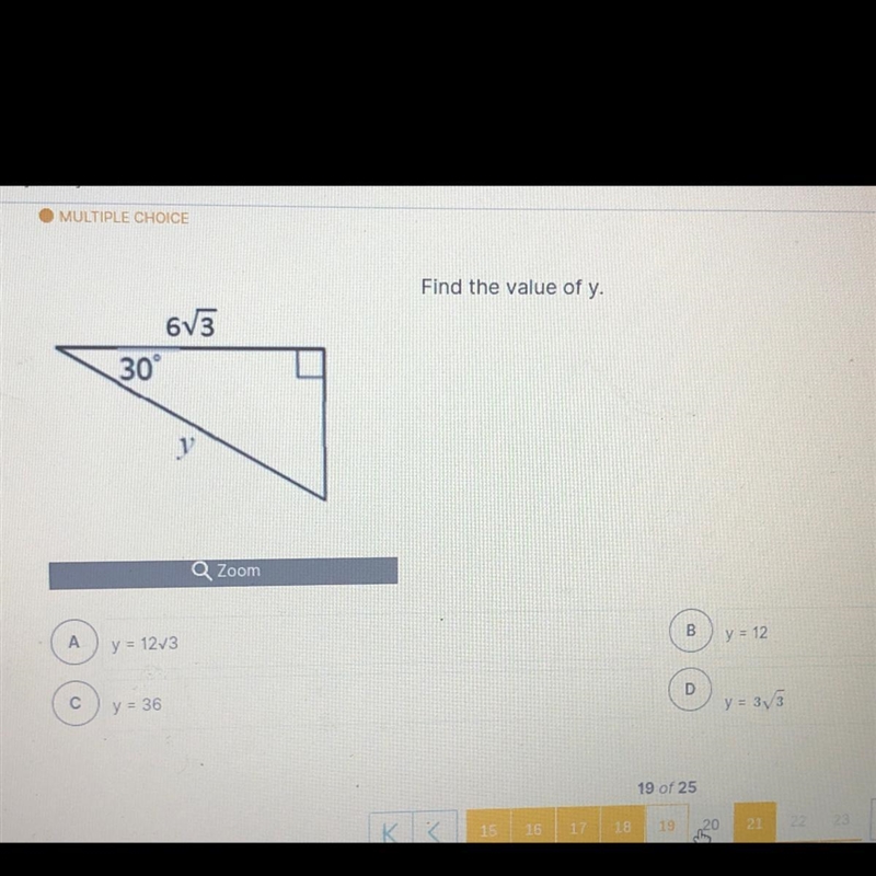 30-60-90 triangle..find the value of y ?-example-1