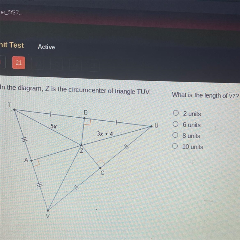 What is the length of vz? O 2 units O 6 units O 8 units 0 10 units-example-1