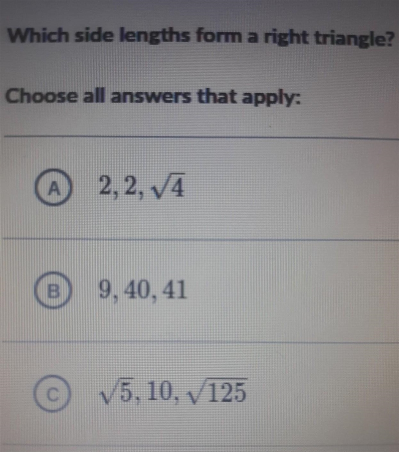 Which side lengths form a right triangle?​-example-1