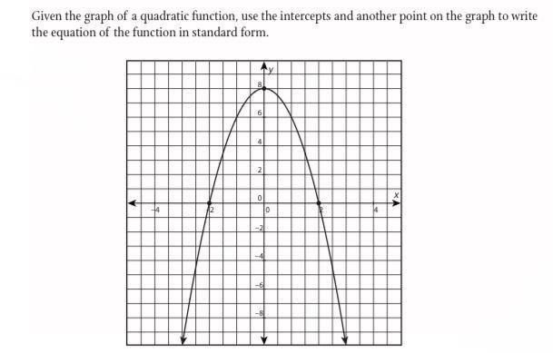 Given the graph of a quadratic function, use the intercepts and another point on the-example-1