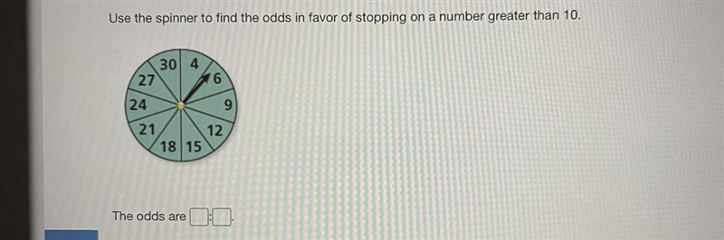 Use the spinner to find the odds in favor of stopping on a number greater than 10.-example-1