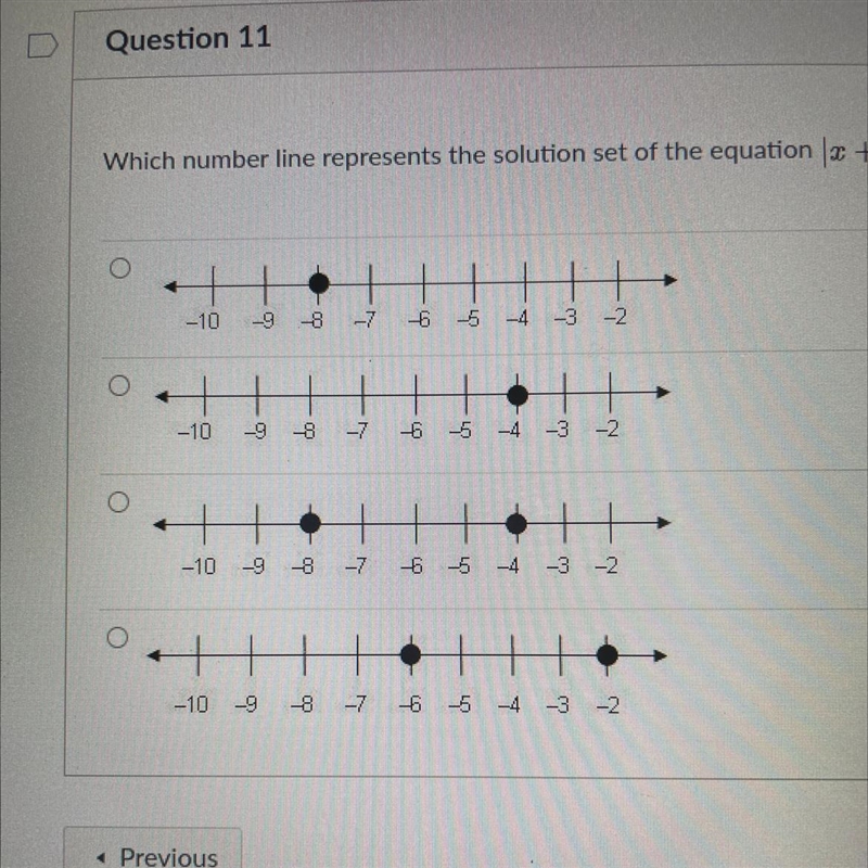 Which number line represents the solution set of the equation |x+6|=2?-example-1