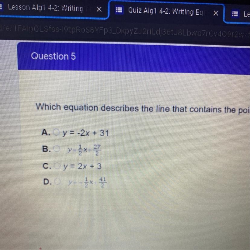 Which equation describes the line that contains the points (7, 17) and (15, 33)?-example-1