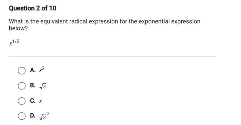 What is the equivalent expression for the exponential expression below? x^1/2-example-1