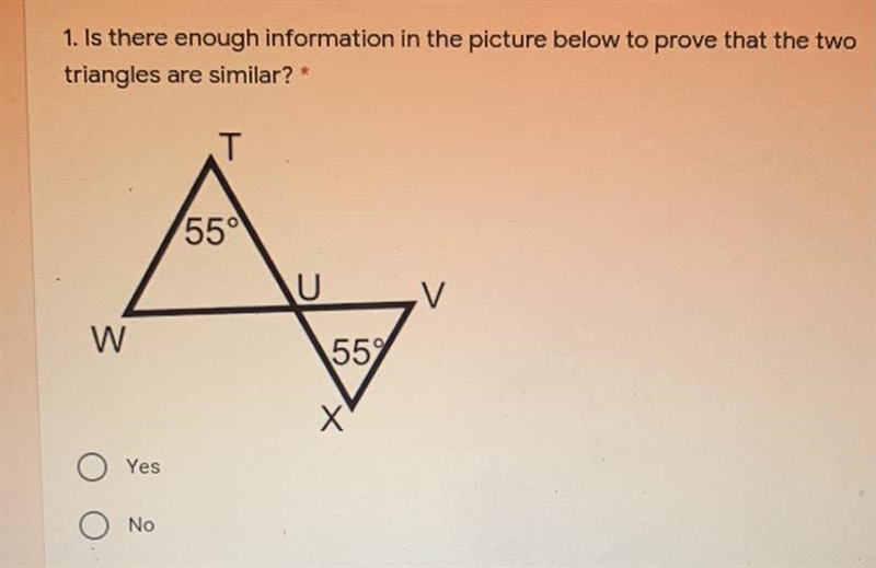 Is there enough info in the pic to prove the two triangles are similar?-example-1