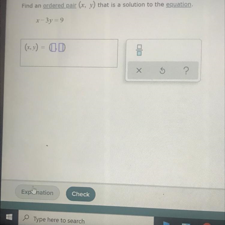 Find an ordered pair (x, y) that is a solution to the equation. x-3y=9 (x, y)-example-1