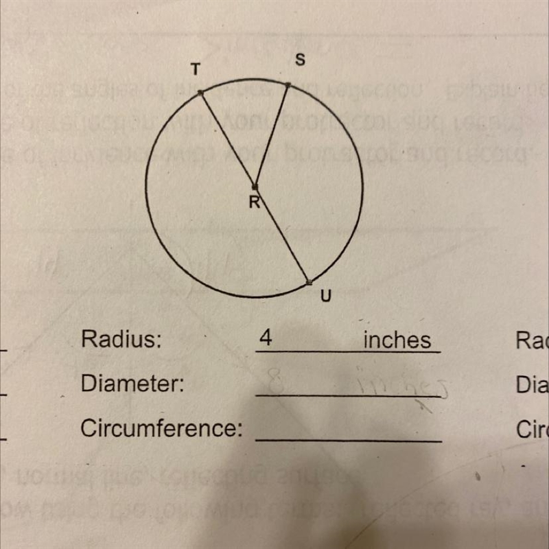 T Radius: 4 inches Diameter: Circumference:-example-1