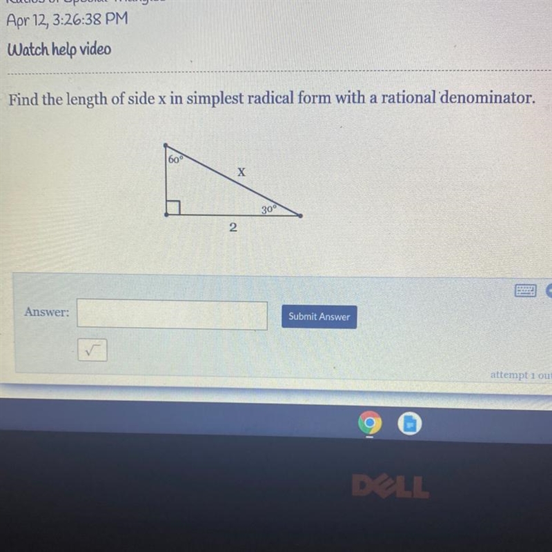 Find the length of side x in simplest radical form with a rational denominator.-example-1