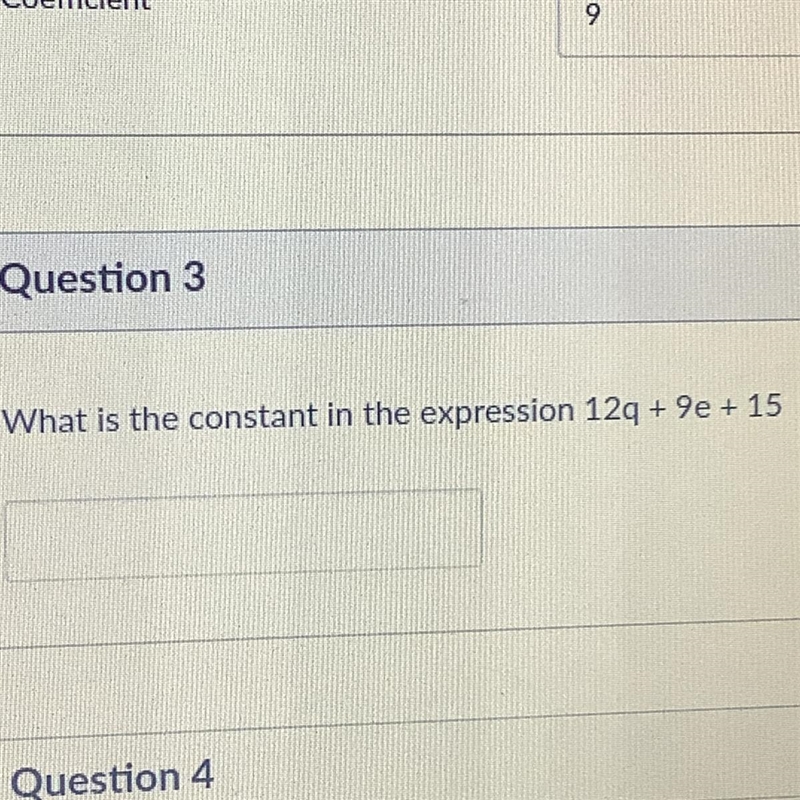 What is the constant in the expression 12q + 9e + 15-example-1