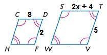 If CDFH ∼ STVW, find the value of x. (Not a Decimal Answer)-example-1