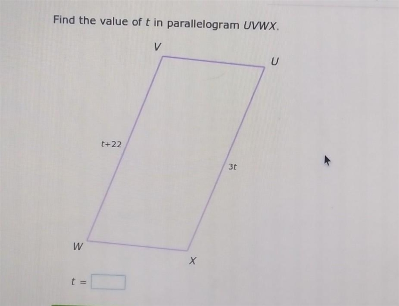 Find the value of t in parallelogram UVWX.​-example-1