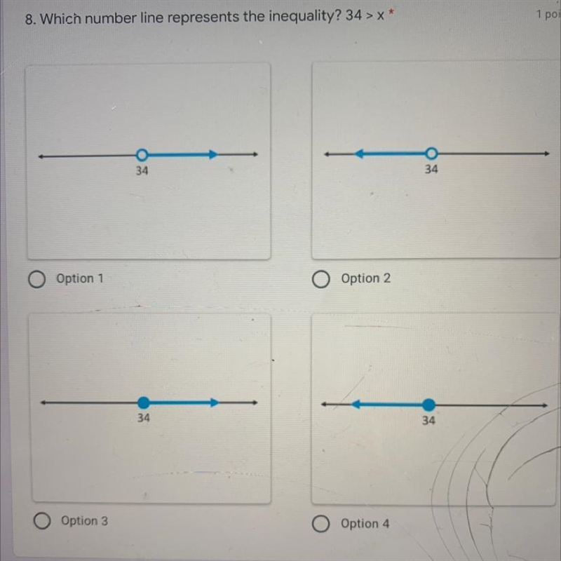 Which number line represents the inequality? 34>x-example-1