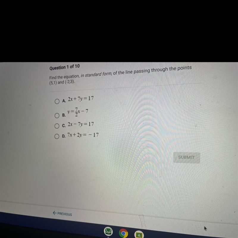 Find the equation in standard form of the line passing through the points(5,1) and-example-1