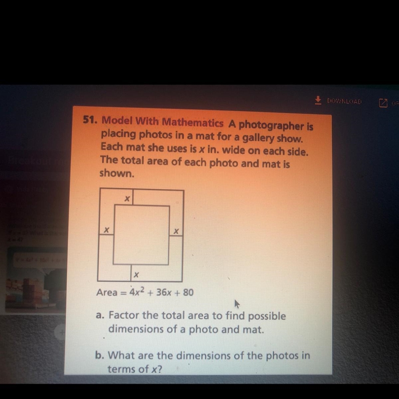 Model With Mathematics A photographer is placing photos in a mat for a gallery show-example-1