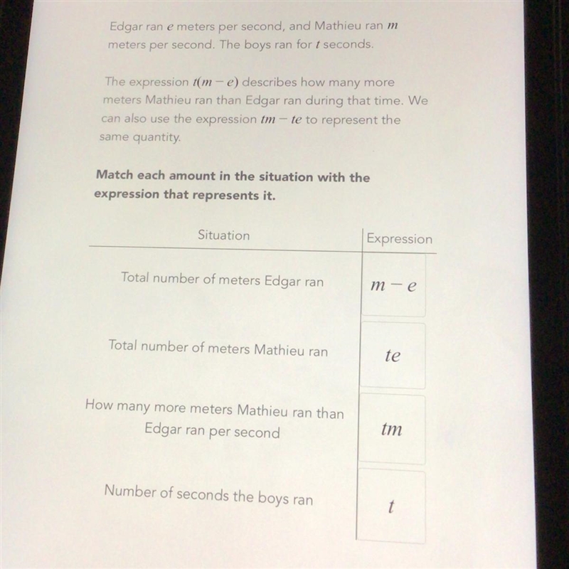 Edgar ran e meters per second and mathieu ran m meters per second the boys ran for-example-1