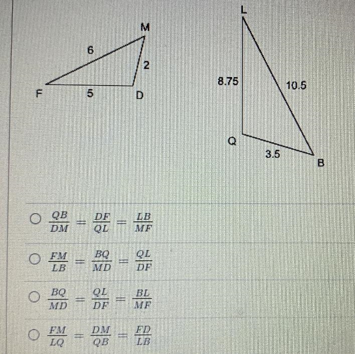 These triangles are similar and the sides are proportional. Which proportion correctly-example-1