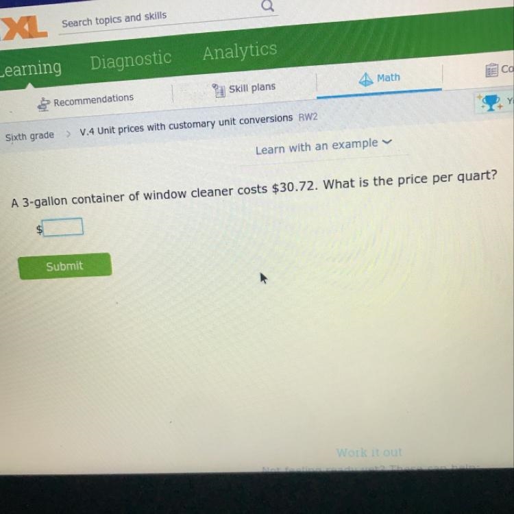 A 3-gallon container of window cleaner costs $30.72. What is the price per quart?-example-1